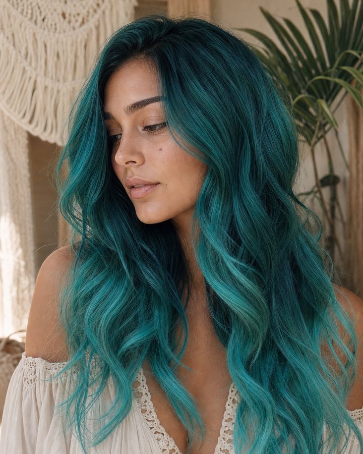 Lagoon-teal mermaid vivid color melting through the lengths, custom fashion color by Beauty by Kayla Mac.